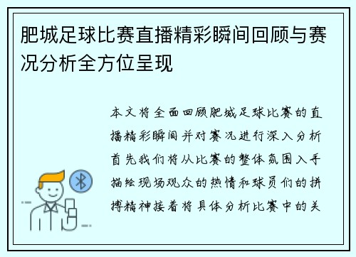 肥城足球比赛直播精彩瞬间回顾与赛况分析全方位呈现